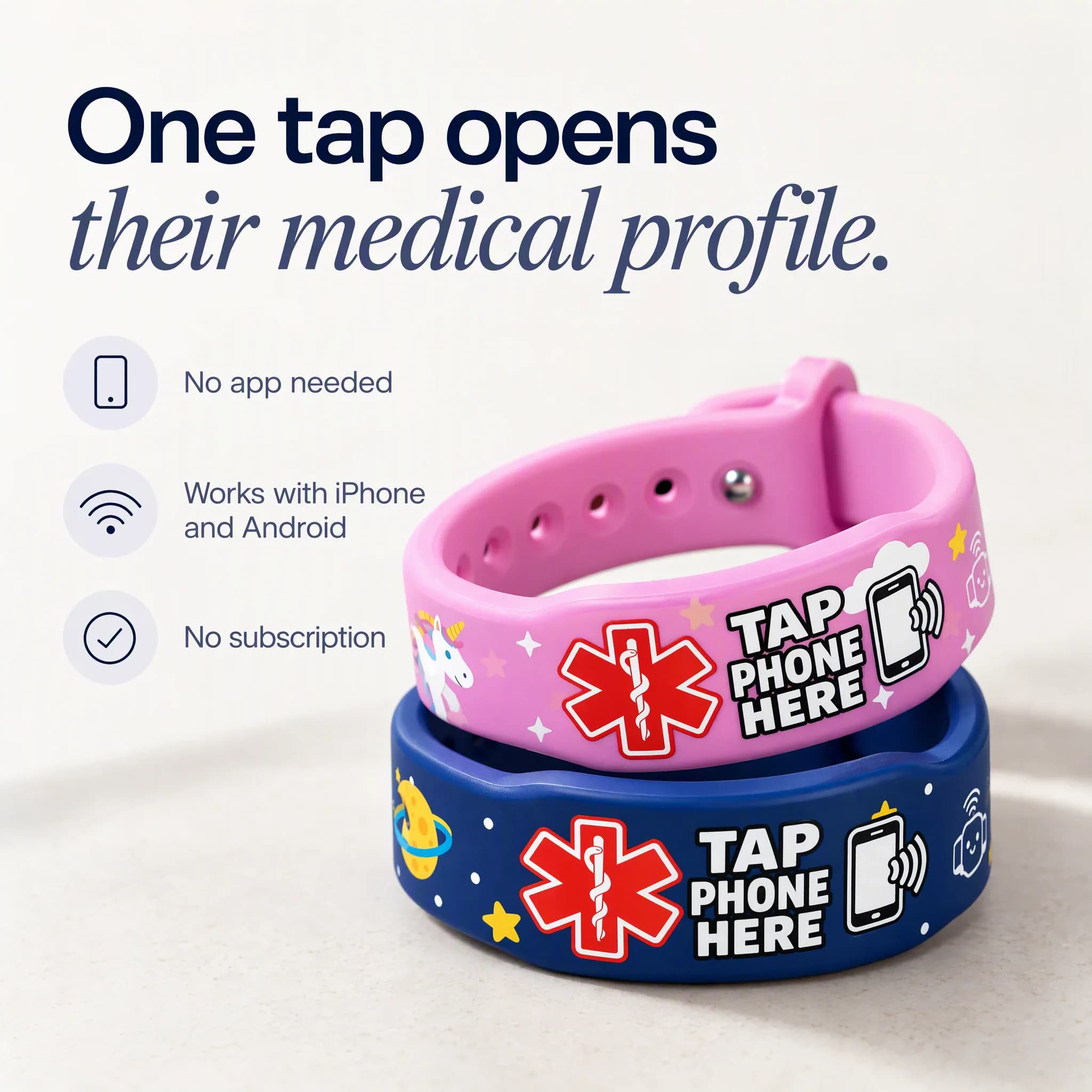 TapCare Unicorn and Space bands: one tap opens their medical profile. No app needed, works with iPhone and Android, no subscription