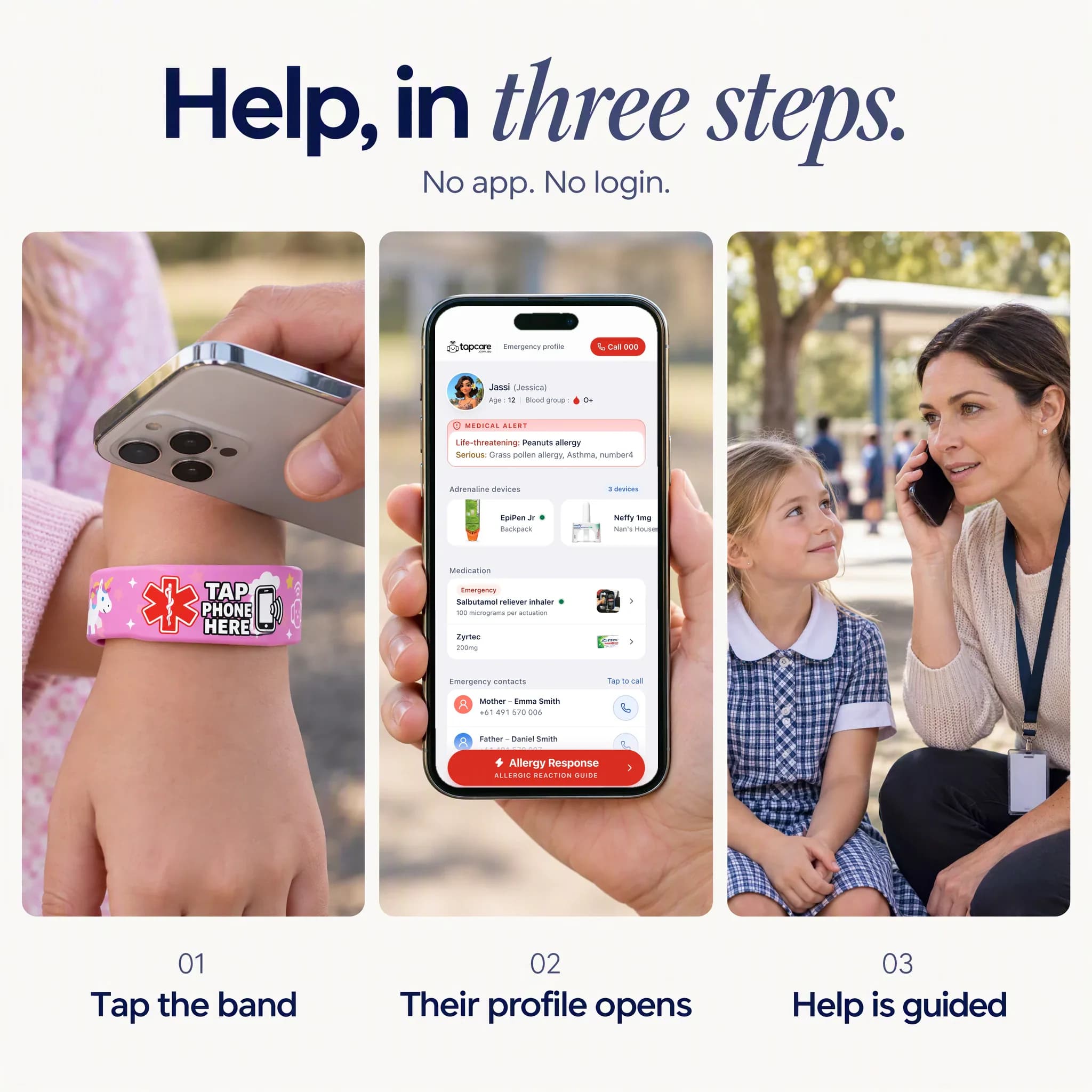 Help in three steps: tap the band, their profile opens, and a teacher is guided through what to do