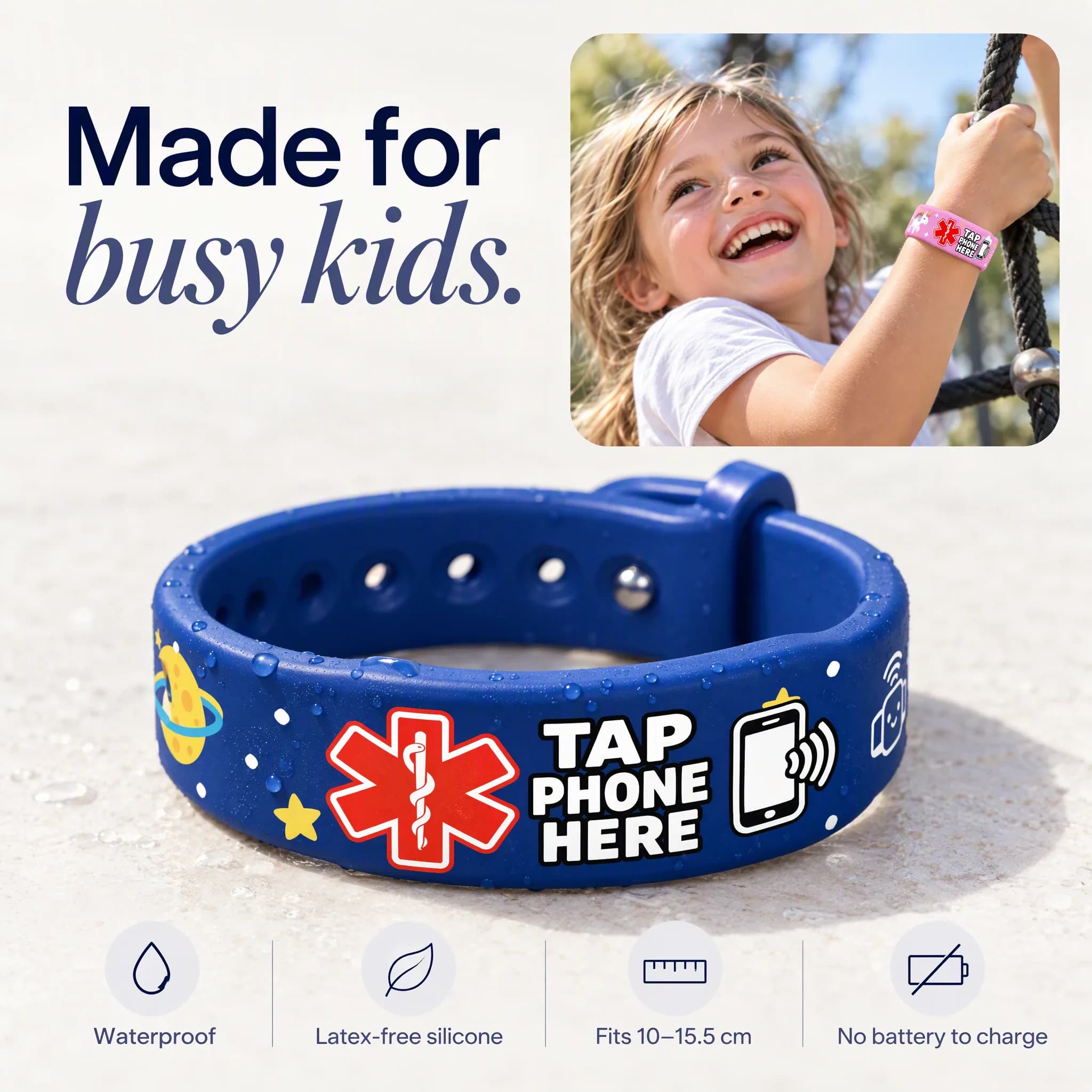 Made for busy kids: the Space band with water droplets and a child climbing in the Unicorn band. Waterproof, latex-free silicone, fits 10 to 15.5 cm wrists, no battery to charge