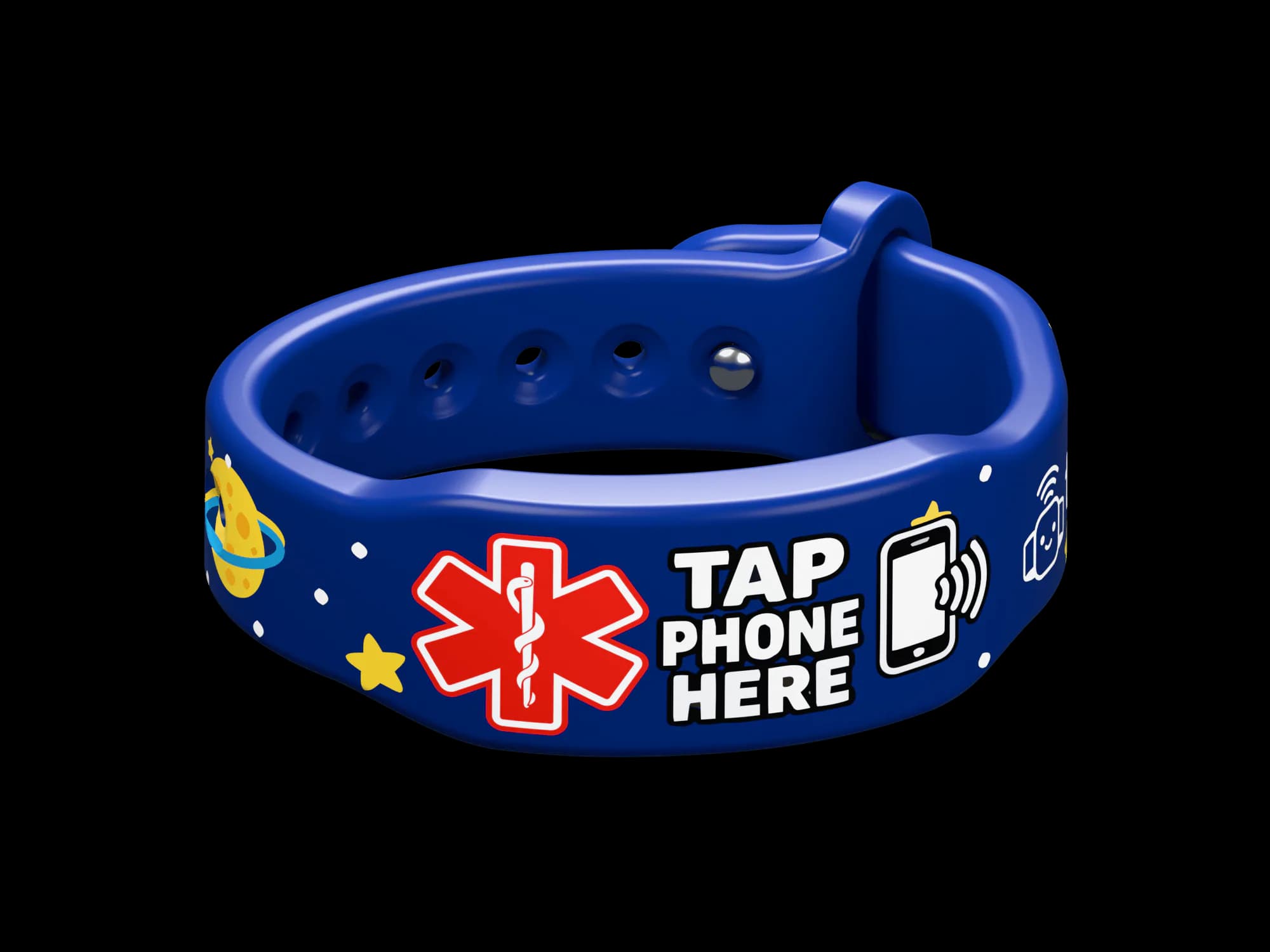 TapCare Space wristband in midnight blue with stars and planets