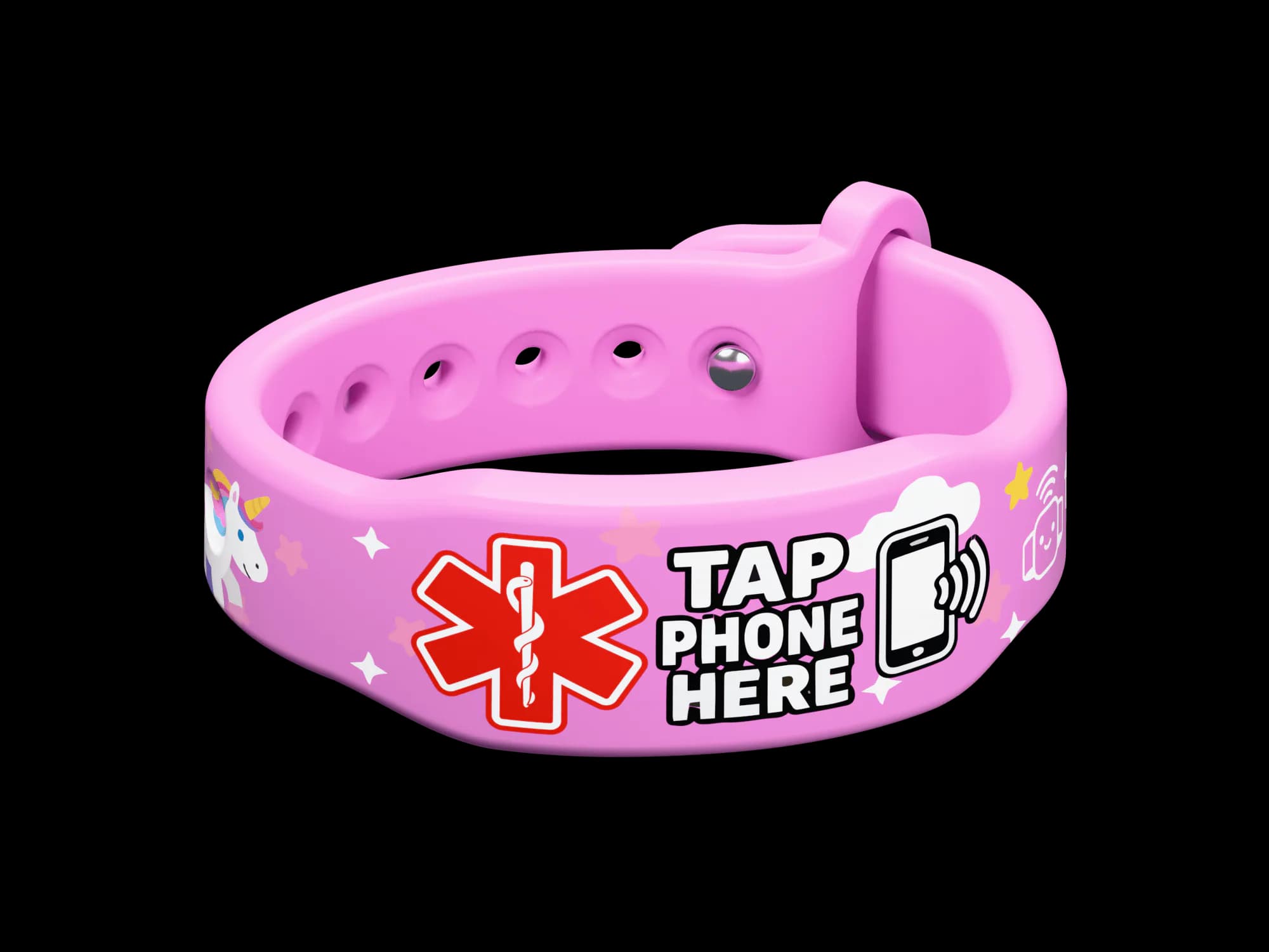TapCare Unicorn wristband in orchid pink with unicorns and stars