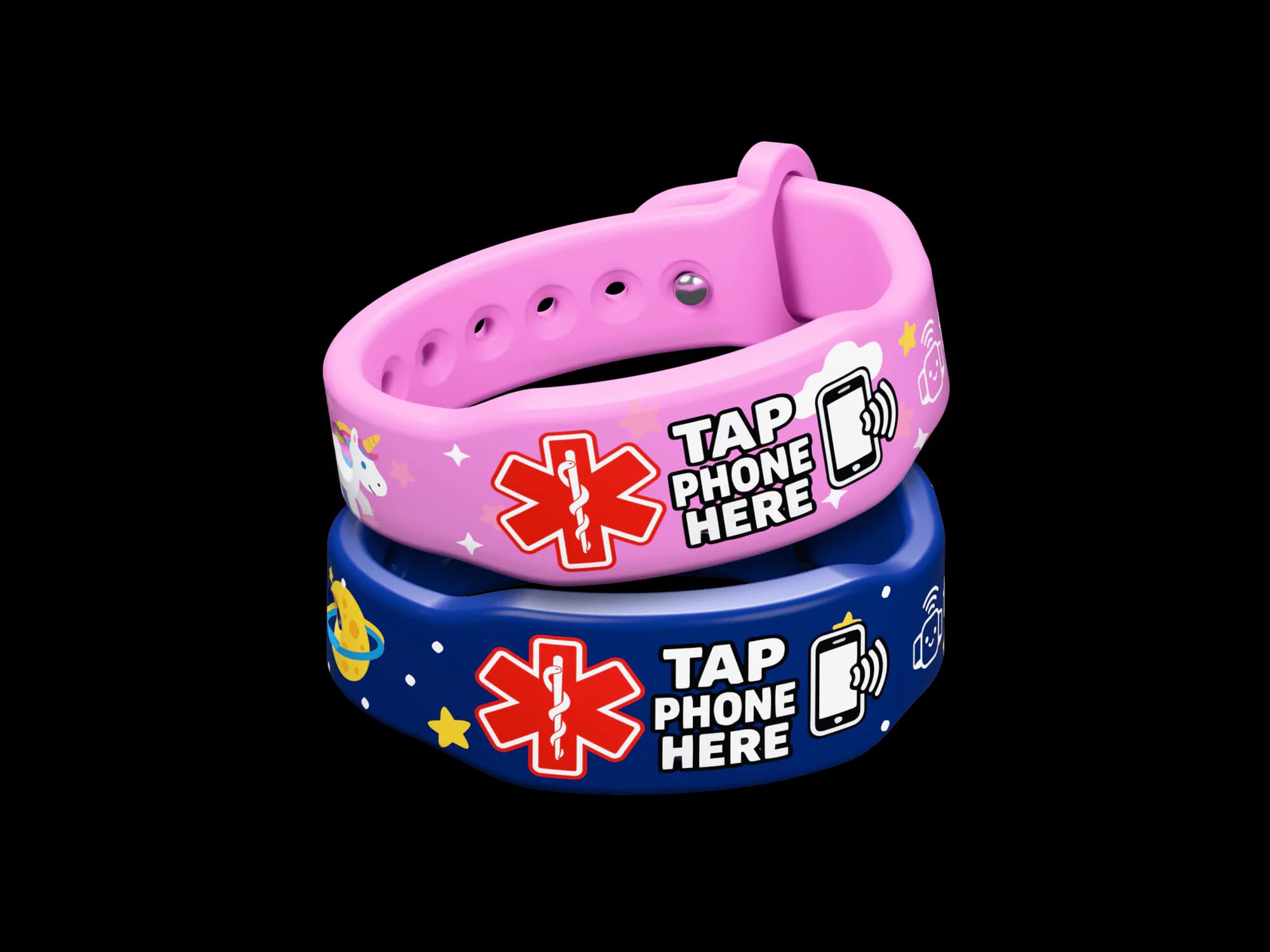 TapCare Unicorn and Space wristbands stacked together