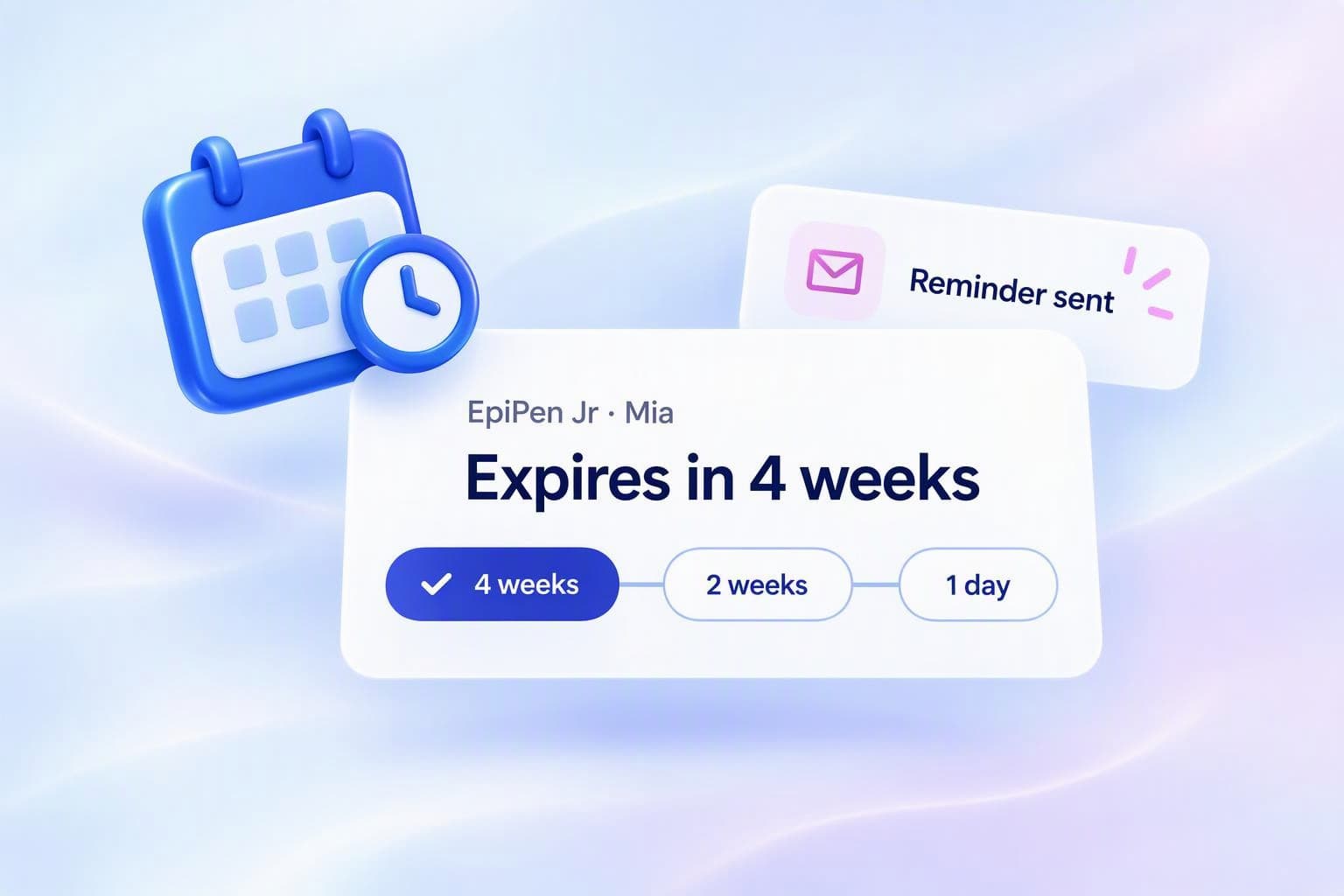 An EpiPen Jr expiring in 4 weeks, with reminders at 4 weeks, 2 weeks and 1 day