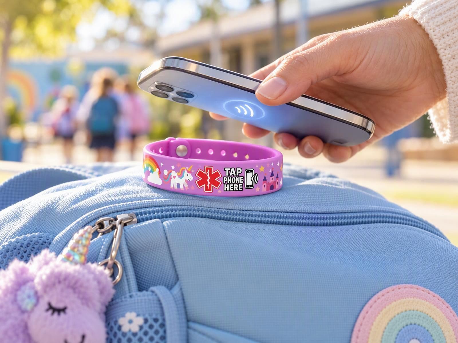 A phone held to a Unicorn band on a school backpack