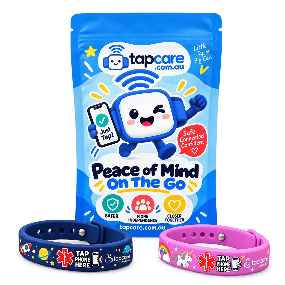The TapCare pouch with a Space band and a Unicorn band