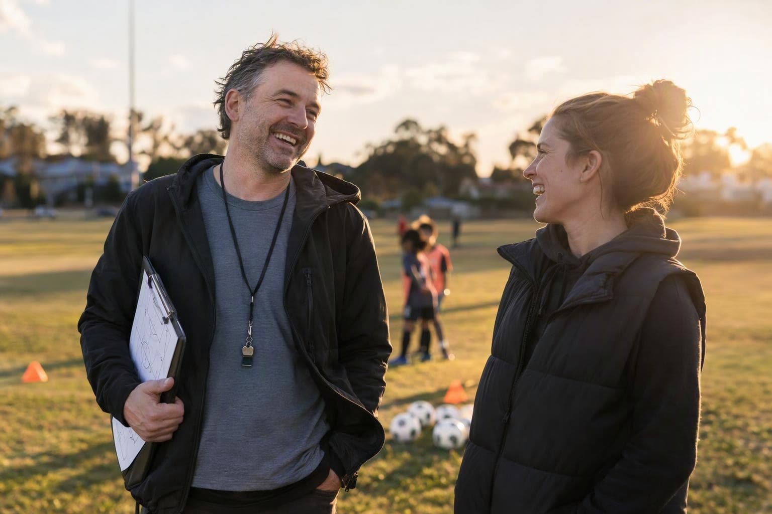 Two coaches laughing on the sideline of a sports oval at sunset