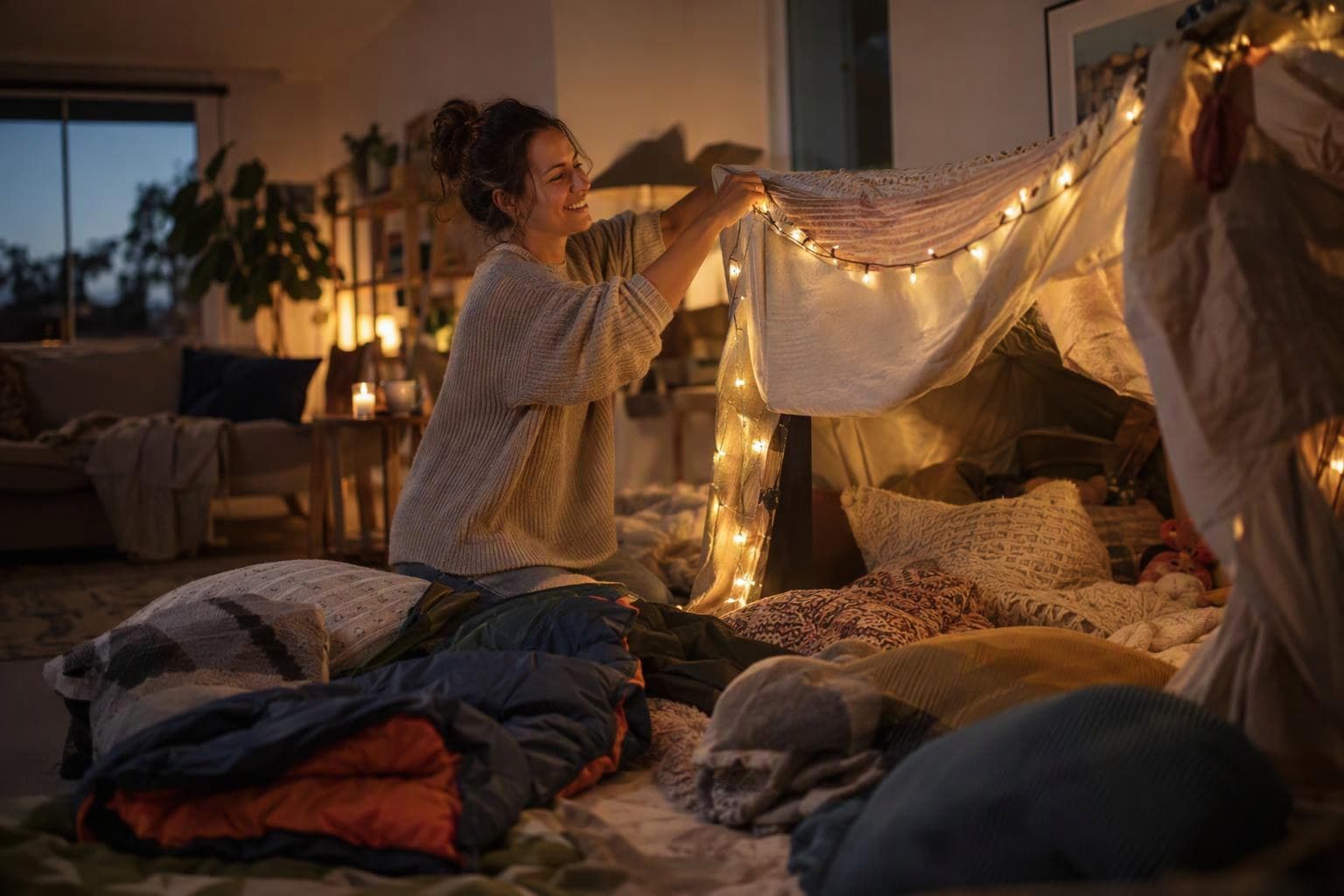 A woman hanging fairy lights over a blanket fort for a sleepover