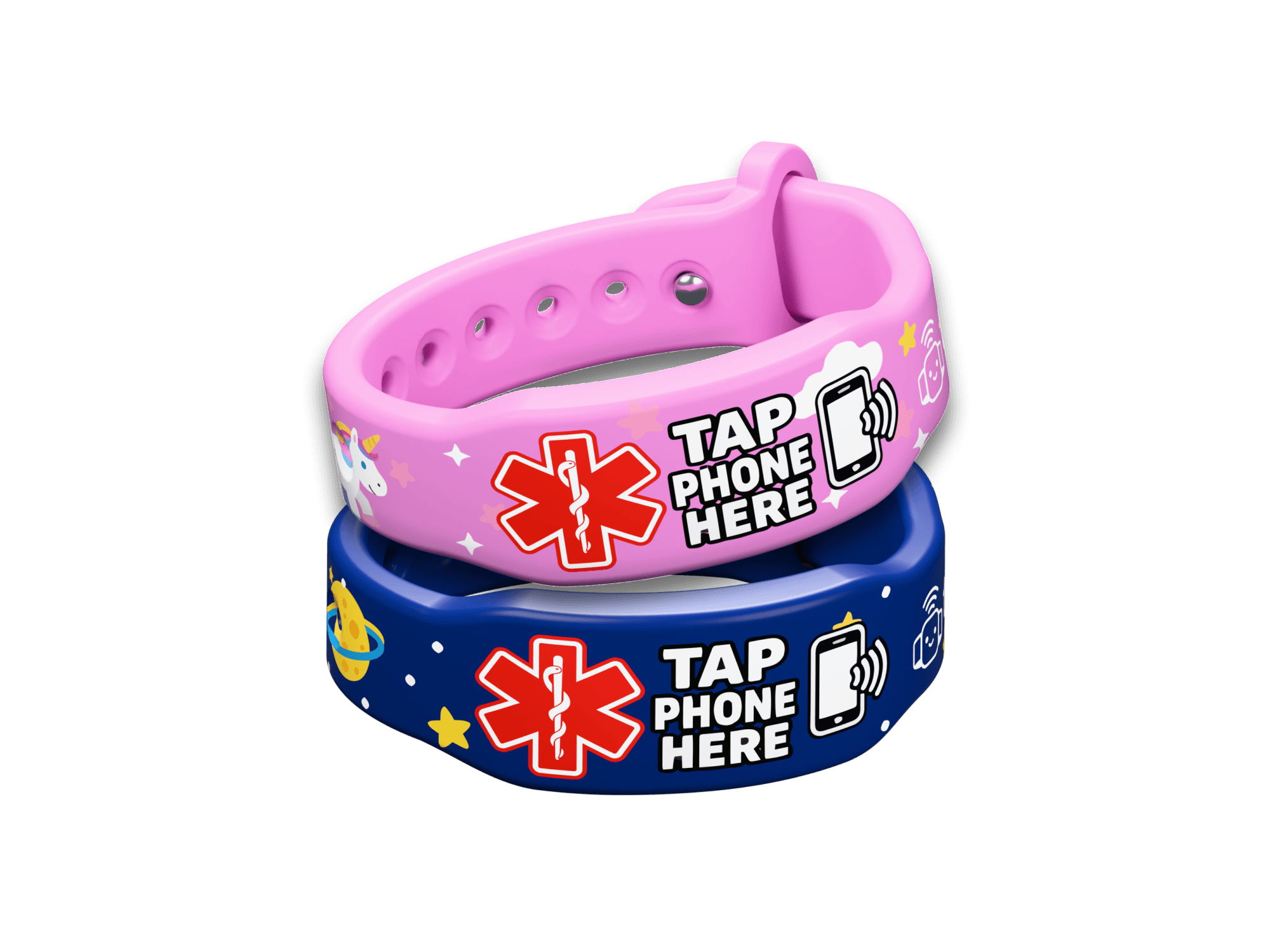 TapCare Unicorn and Space wristbands stacked together