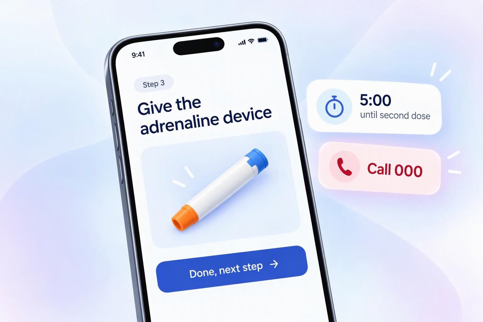 A phone showing a guided first-aid step to give the adrenaline device, with a second-dose timer and a call 000 button
