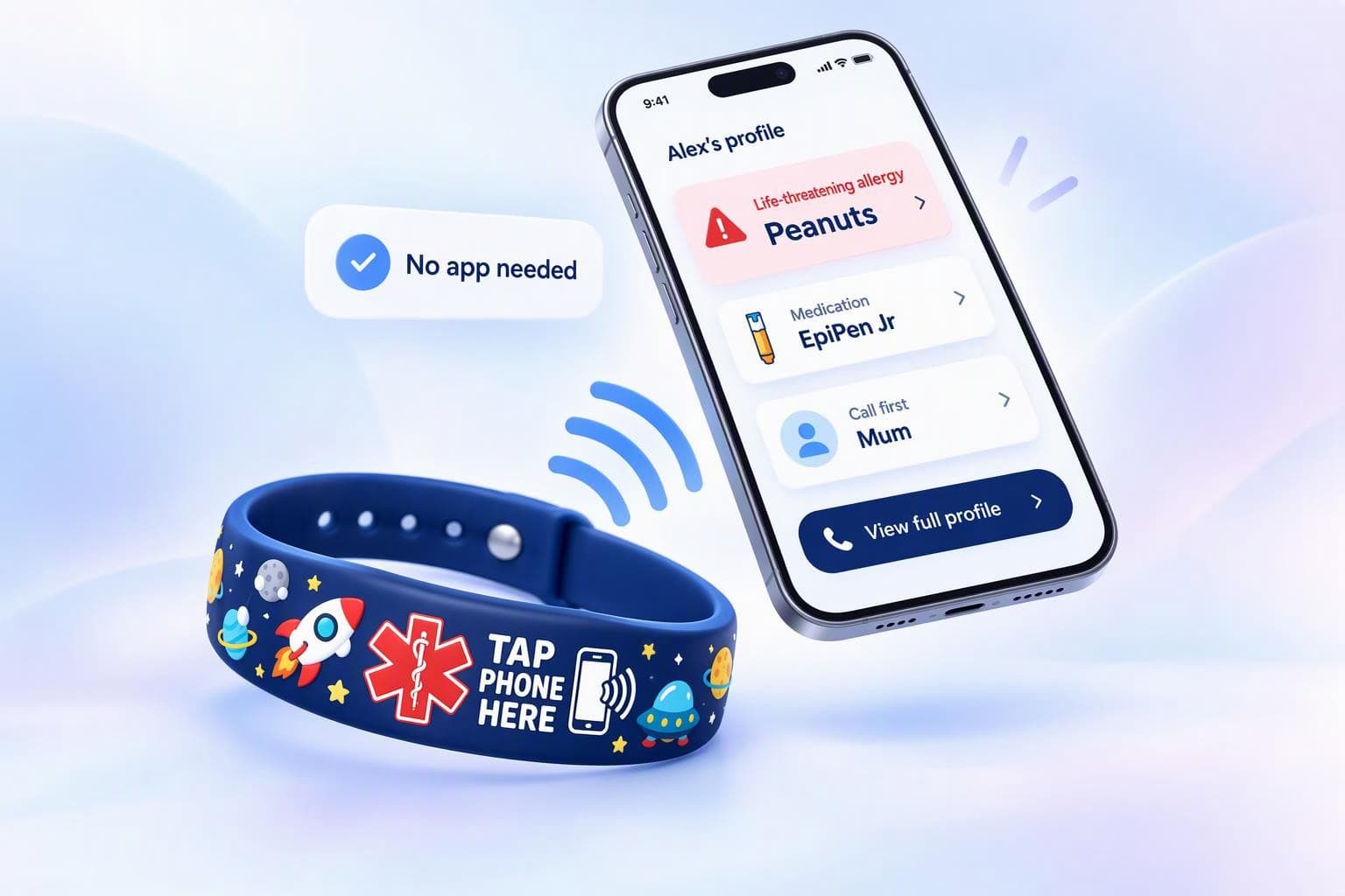 A phone held over a Space band, opening a profile that shows a peanut allergy, an EpiPen Jr and who to call first